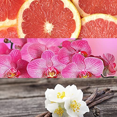 Collage di pompelmo, orchidee e fiori di gelsomino con baccelli di vaniglia.