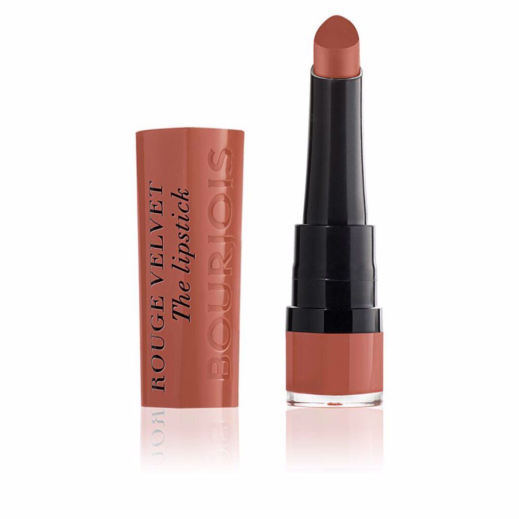 Rossetto marrone con astuccio nero e cappuccio marrone. "ROUGE VELVET The lipstick" è scritto sul cappuccio.