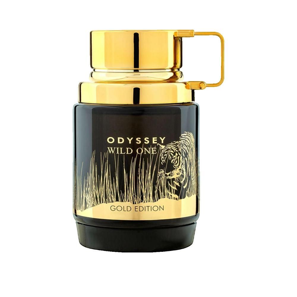 Flacone nero con tappo e manico dorati. Scritta: ODYSSEY WILD ONE GOLD EDITION. Illustrazione di una tigre nell'erba.