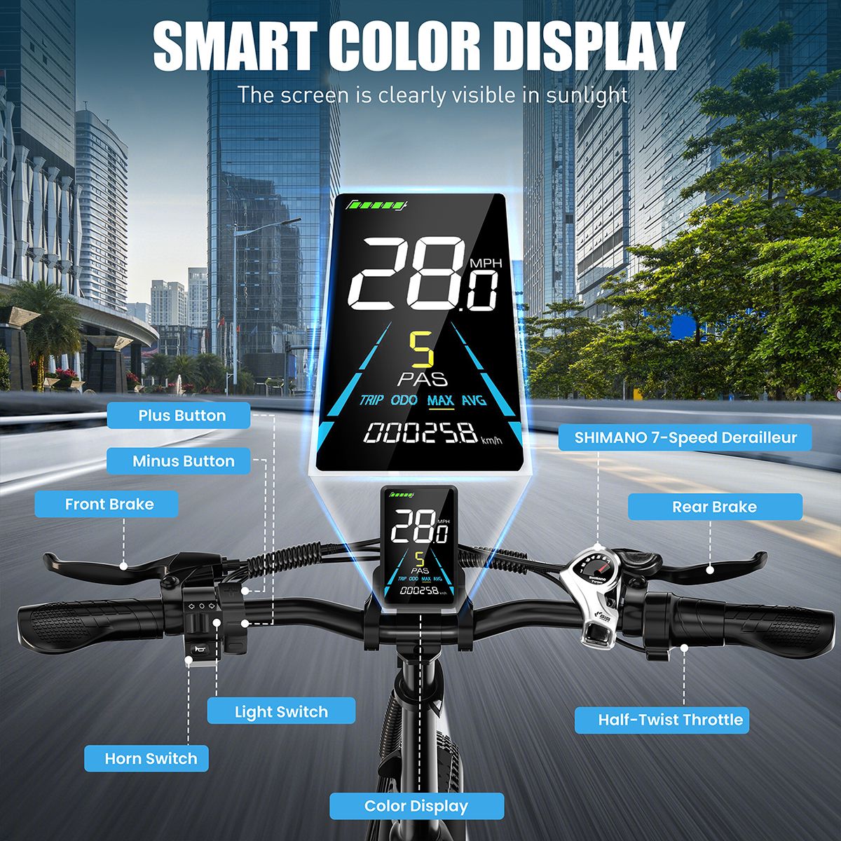 Display e-bike con velocità 28MPH. Deragliatore Shimano a 7 velocità. Pulsanti più e meno, interruttore luci.