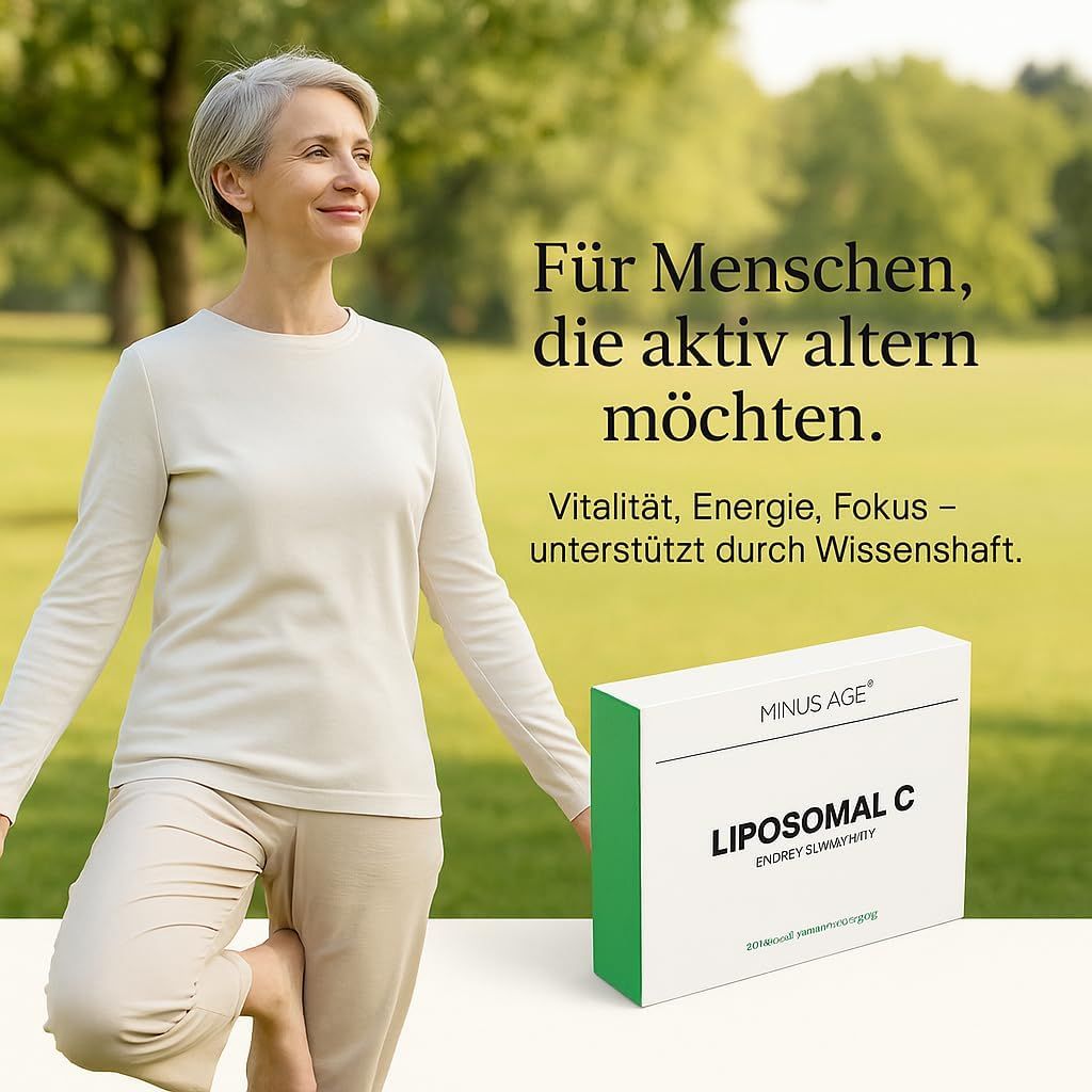 Donna in un parco, posa yoga. Accanto a lei: Scatola bianca e verde. Scritta: Minus Age Liposomal C, Energy & Immunity. Testo: Per le persone che vogliono invecchiare attivamente.