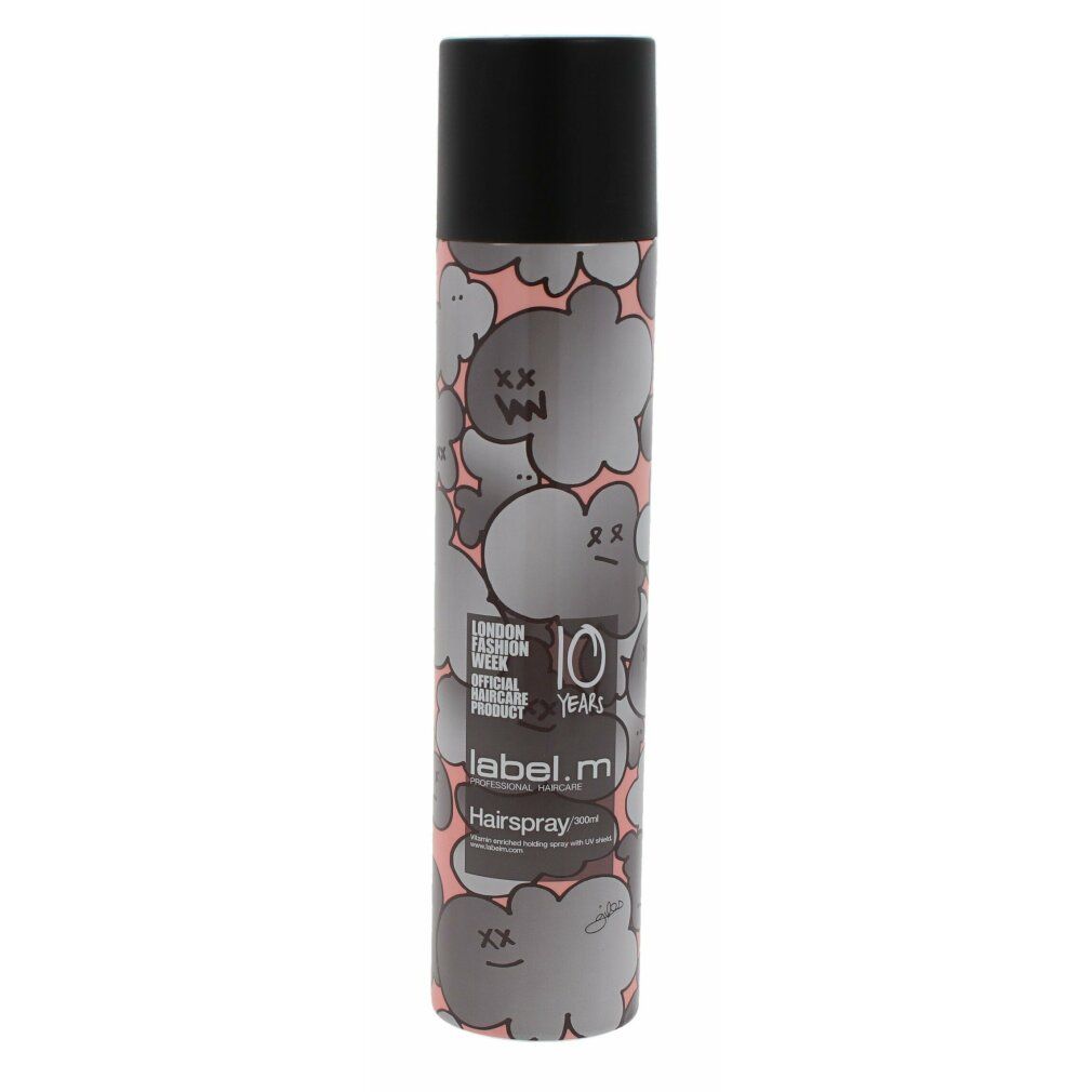 Bomboletta spray per capelli con tappo nero. Sfondo rosa con design a nuvole bianche. Logo Label.m e scritta 'Hairspray'.