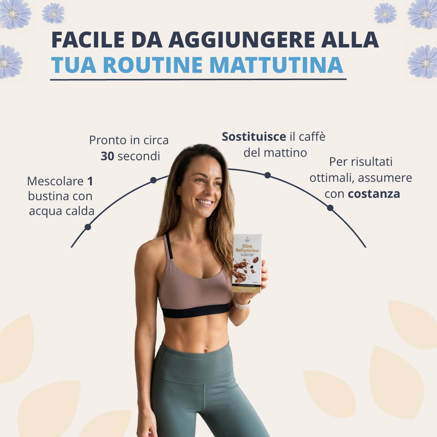 Donna tiene Golden Tree SlimBellyccino. Semplice routine mattutina: 1 bustina, preparazione 30 sec.