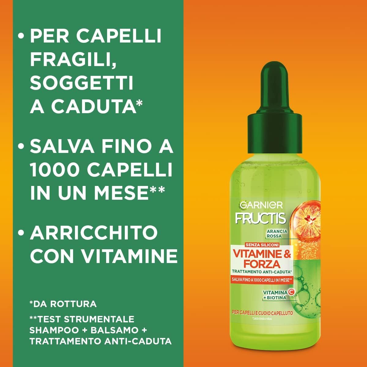 Flacone con contagocce circondato da testo. Scritta: Garnier Fructis Vitamine & Forza. Trattamento anticaduta. Contiene Vitamina C & Biotina.