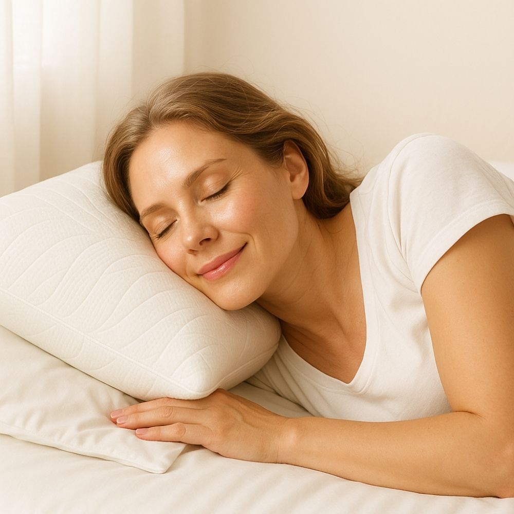 Donna che dorme su un cuscino bianco. Sul dorso. Occhi chiusi, espressione rilassata.