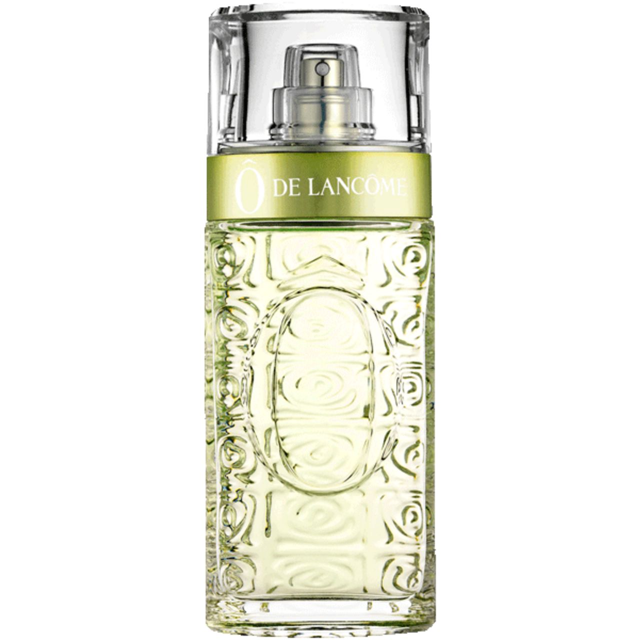 Eau de Toilette O de Lancôme. Flacone rettangolare con etichetta verde e tappo trasparente. Motivo in rilievo sul vetro.