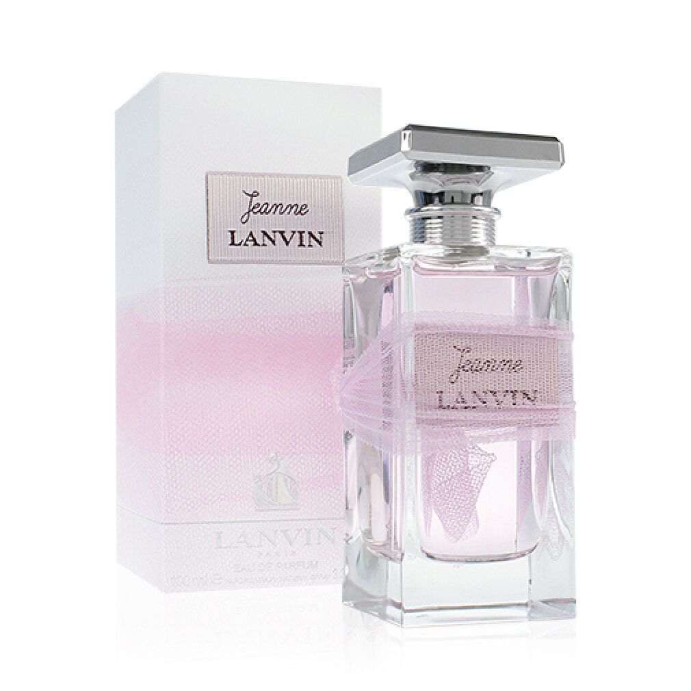 Flacone in vetro e confezione. Flacone con liquido rosa. Confezione bianca con sfumatura rosa. Scritta: Jeanne LANVIN.