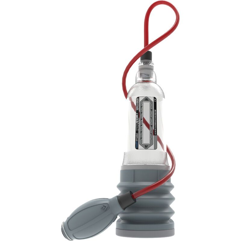 Bathmate HydroXtreme7 Clear Wide Boy con tubo rosso e soffietto grigio, vista laterale.
