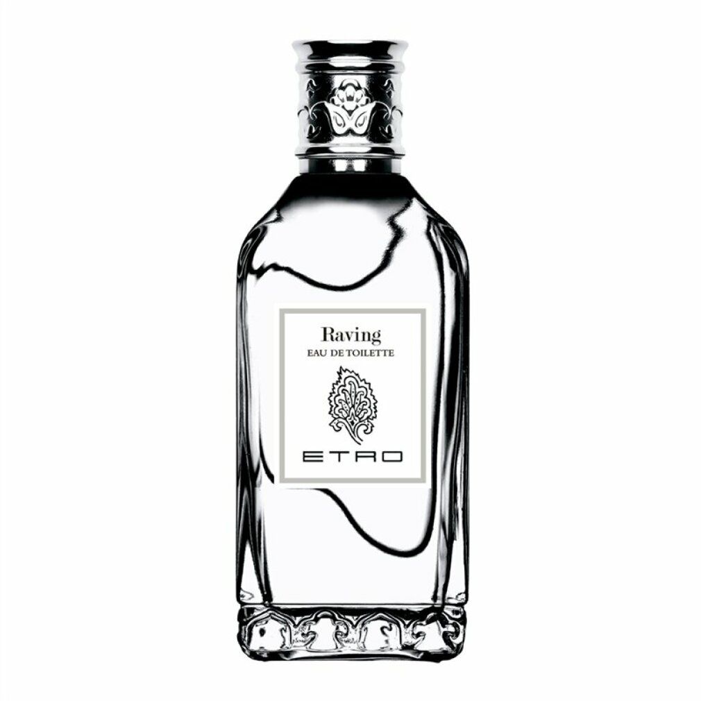 Flacone trasparente con tappo argentato. L'etichetta riporta "Raving Eau de Toilette" e "ETRO".