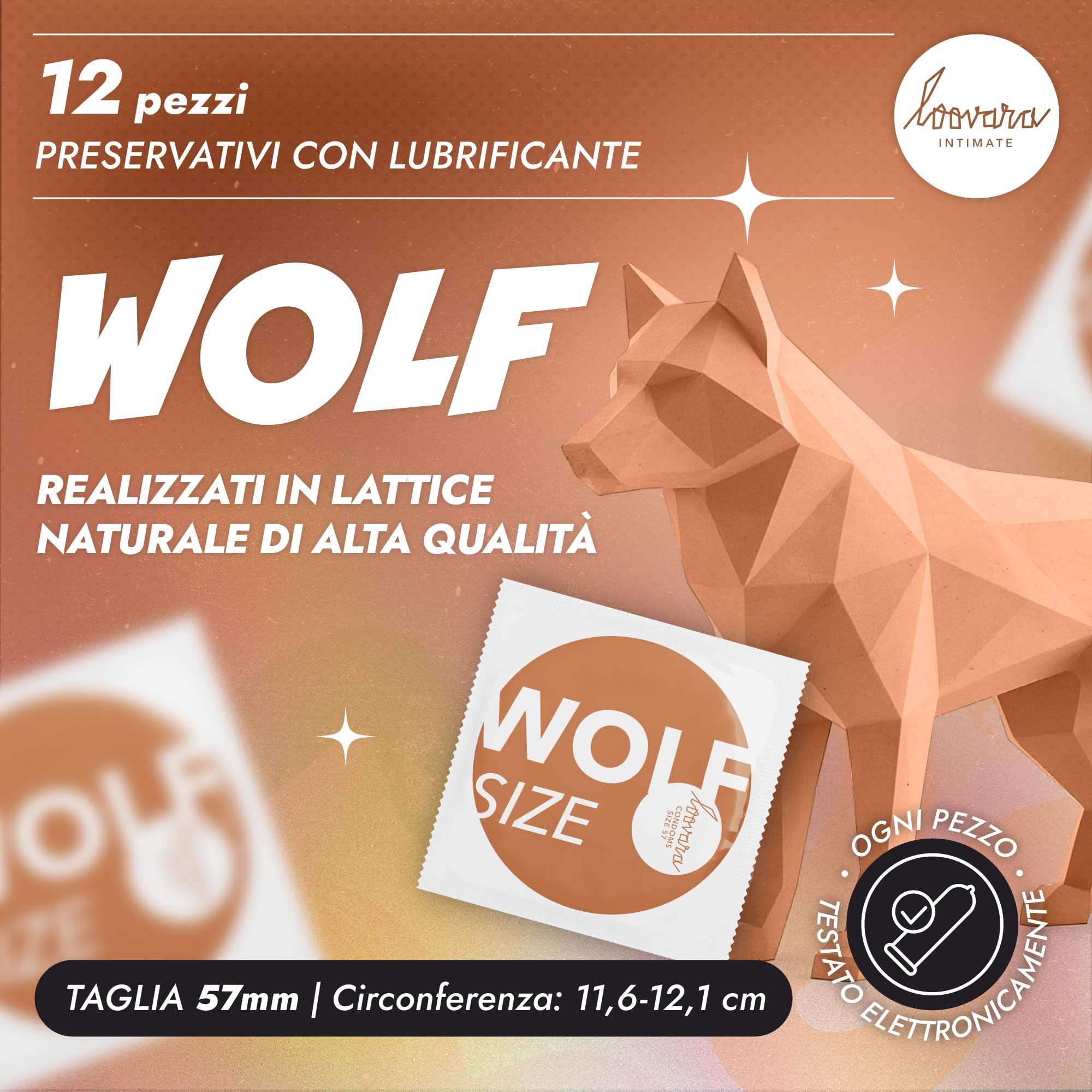 Preservativi Loovara Wolf: 12 pezzi, con lubrificante, in lattice, taglia 57.