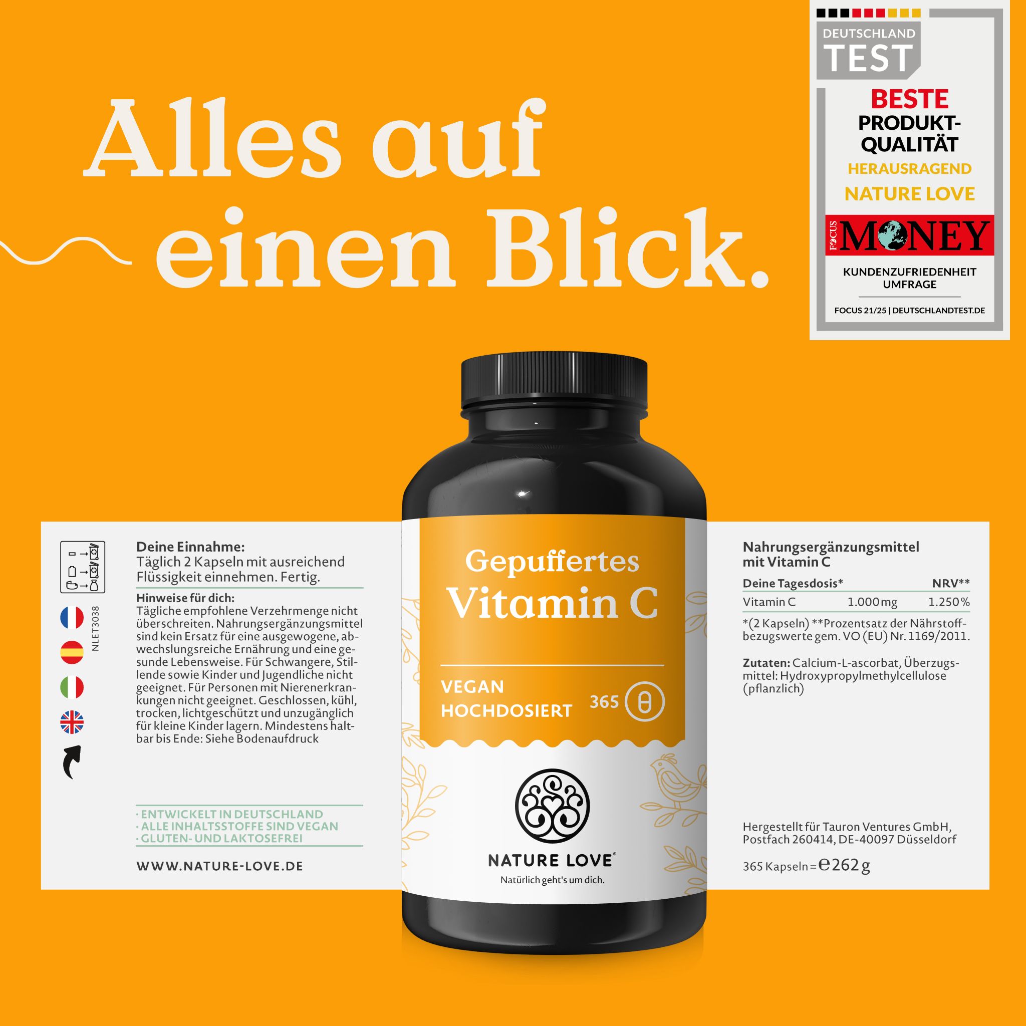 Flacone di vitamina C tamponata, vegana, ad alto dosaggio. Informazioni sull'assunzione, i valori nutrizionali e gli ingredienti.