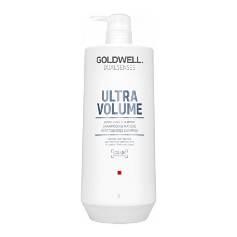 Flacone di shampoo bianco con pompa, logo Goldwell e scritta « Ultra Volume ». 1L. Shampoo volumizzante.