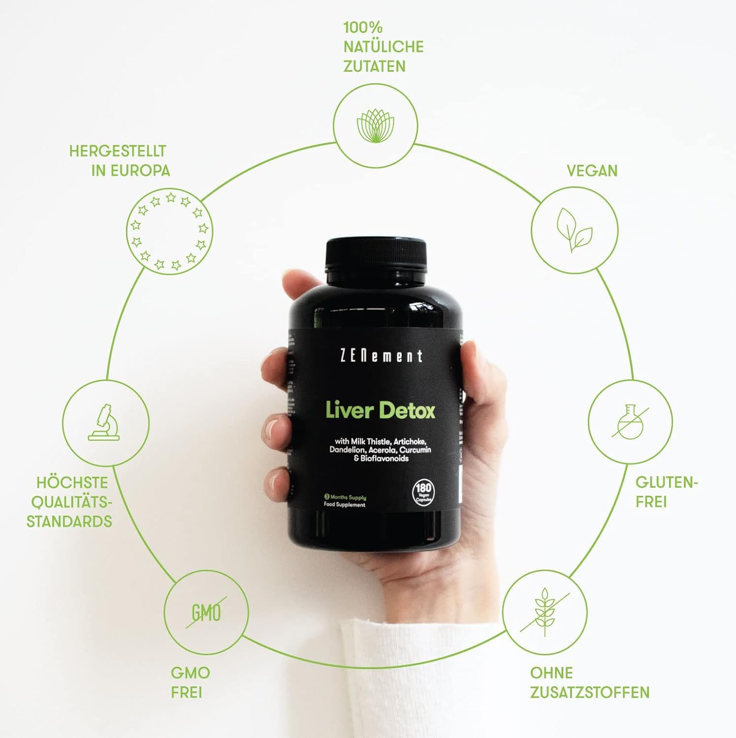 Flacone nero Zenement Liver Detox. Disposizione circolare di loghi: vegano, senza glutine, senza OGM, ecc. Mano che tiene il flacone.