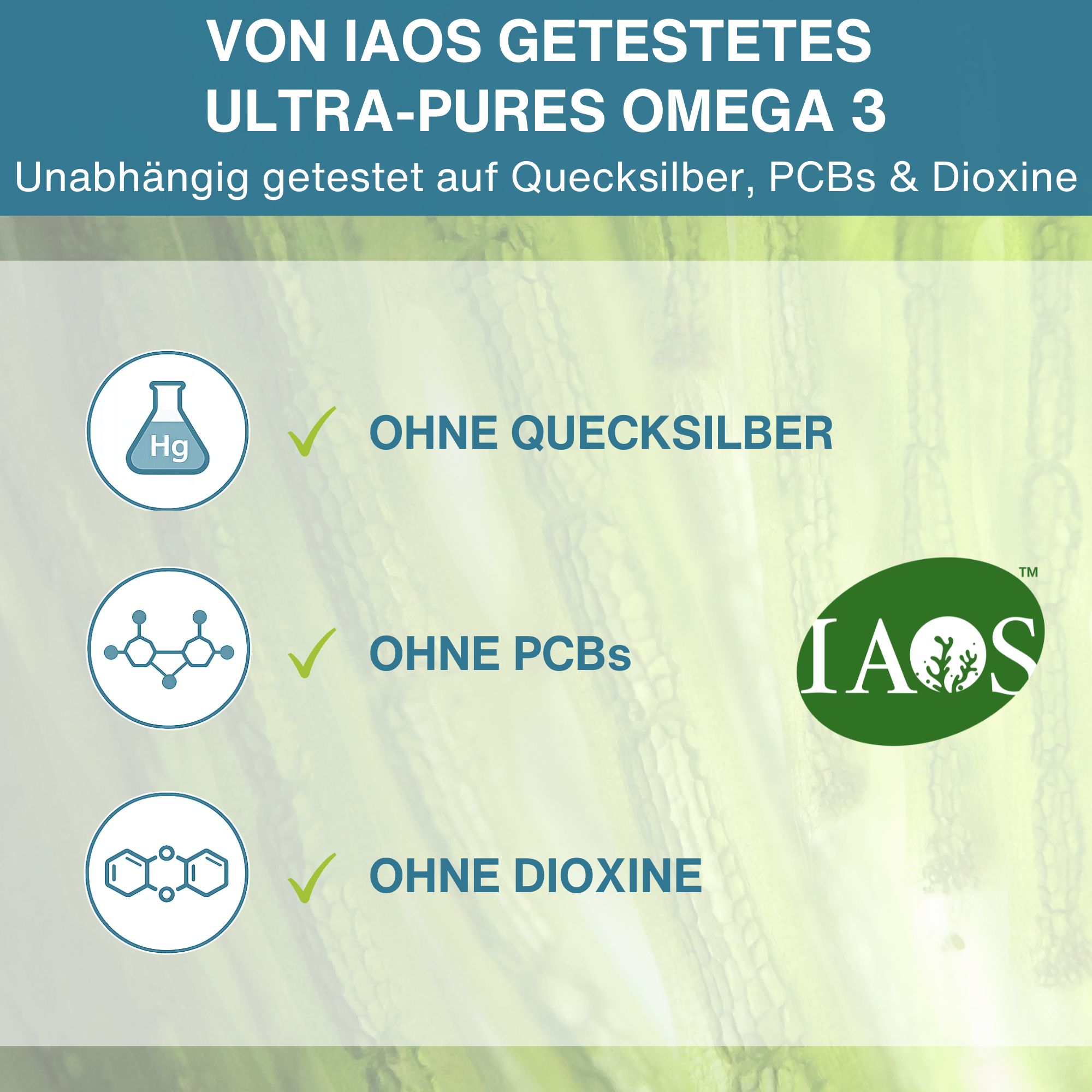 Flacone di capsule Omega-3. Contiene DHA, EPA e Astaxantina. Prodotto nel Regno Unito.
