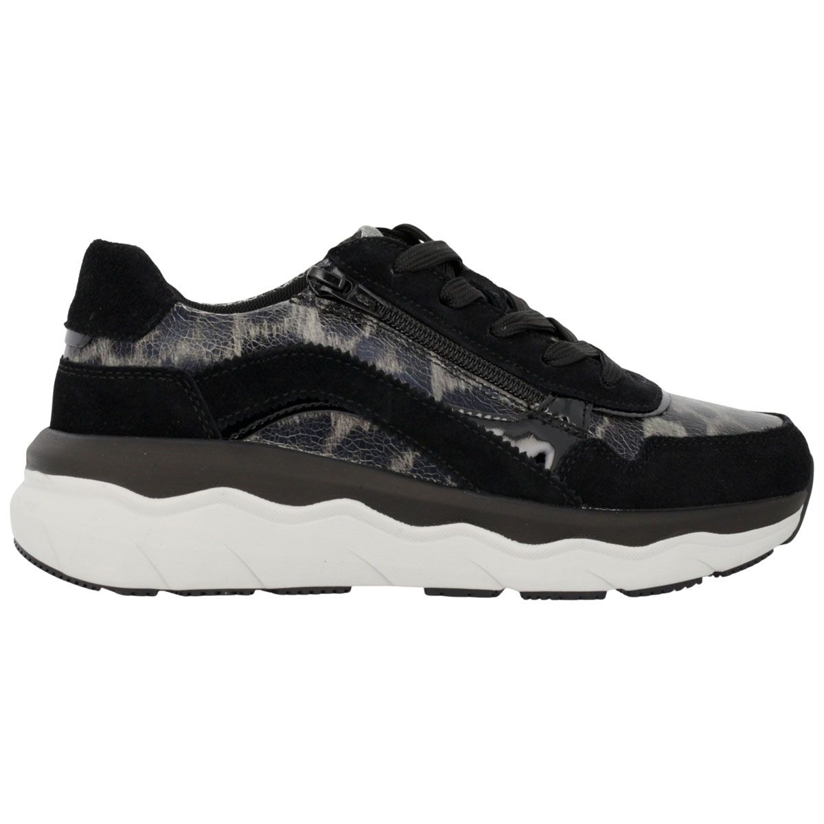 Sneaker nere da donna con stampa leopardata, camoscio, lacci e zip laterale.