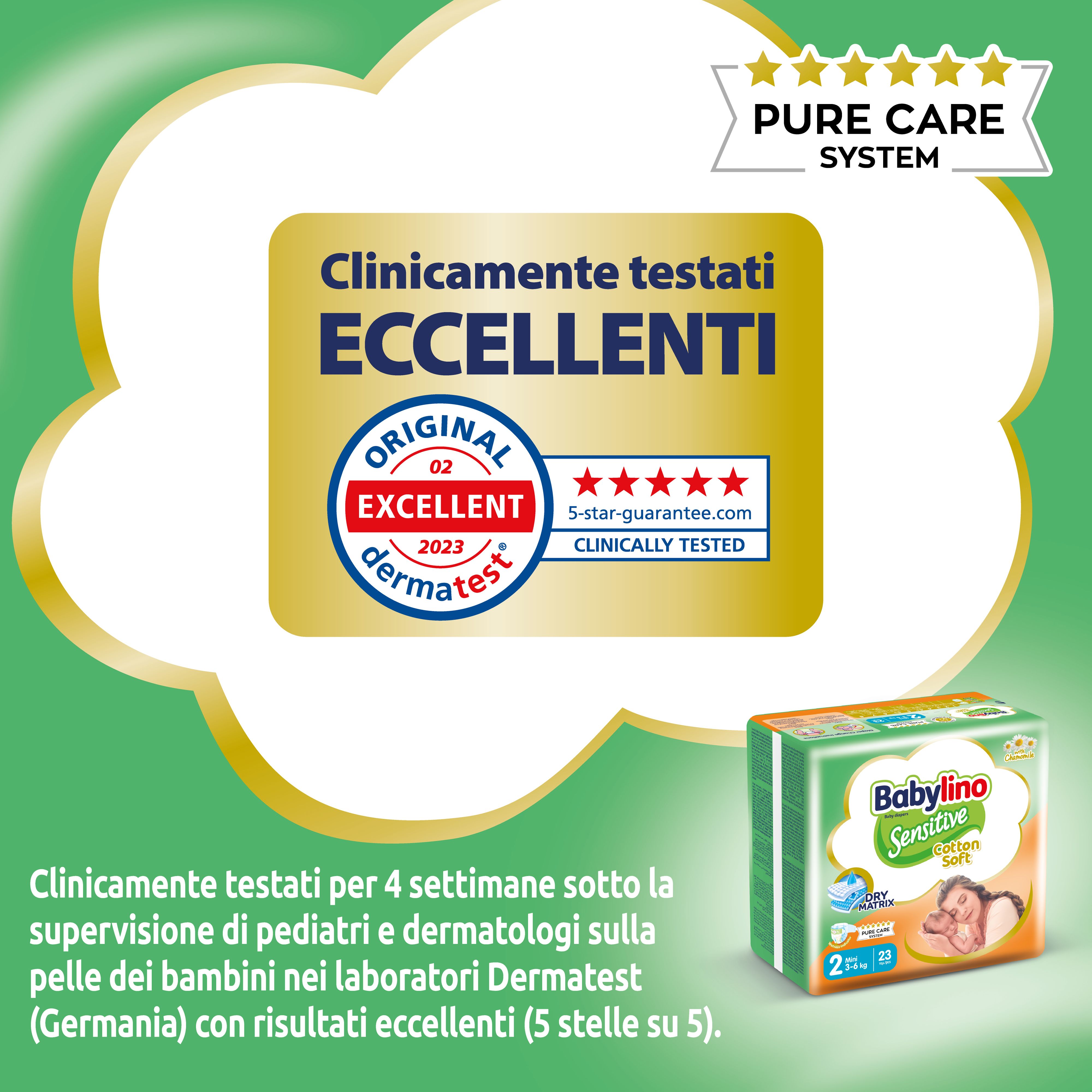 Certificato Dermatest, eccellente. Piccolo pacco Babylino Sensitive. Logo Pure Care System.