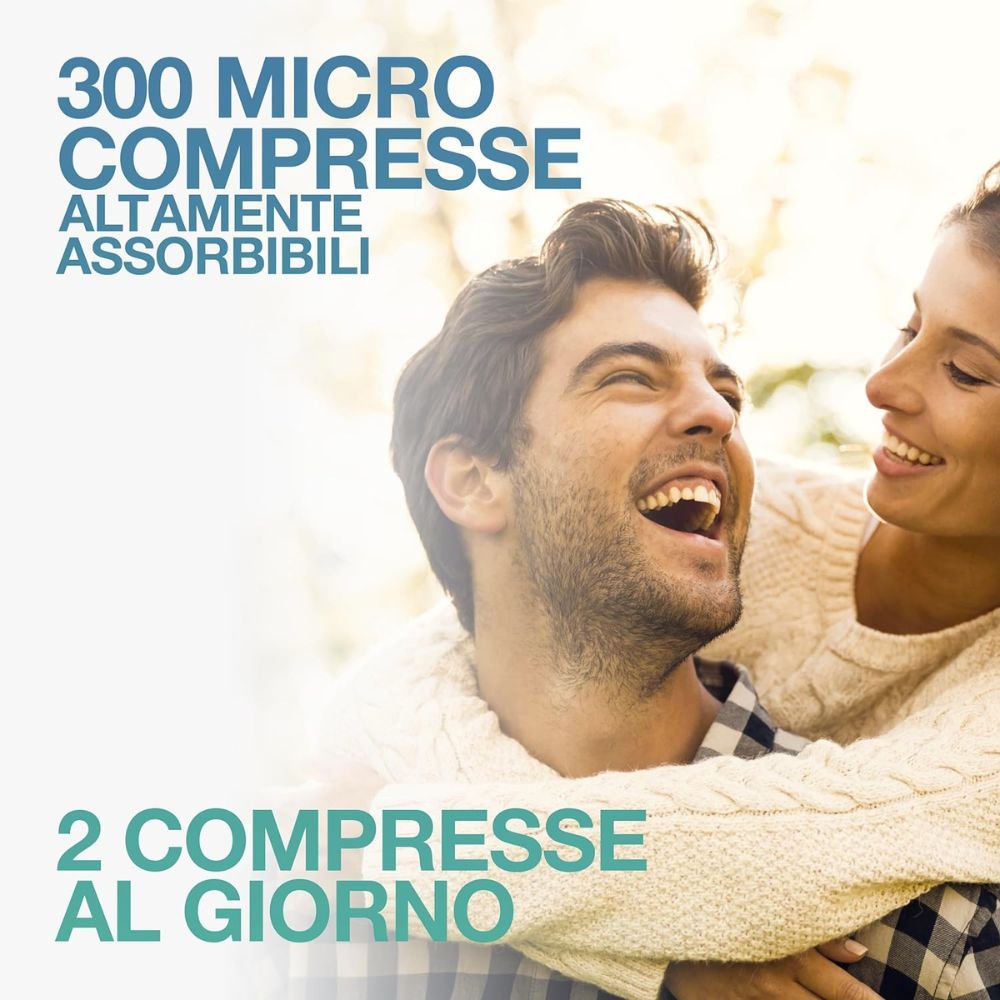 Coppia che si abbraccia. Testo su 300 microcompresse e 2 compresse al giorno.