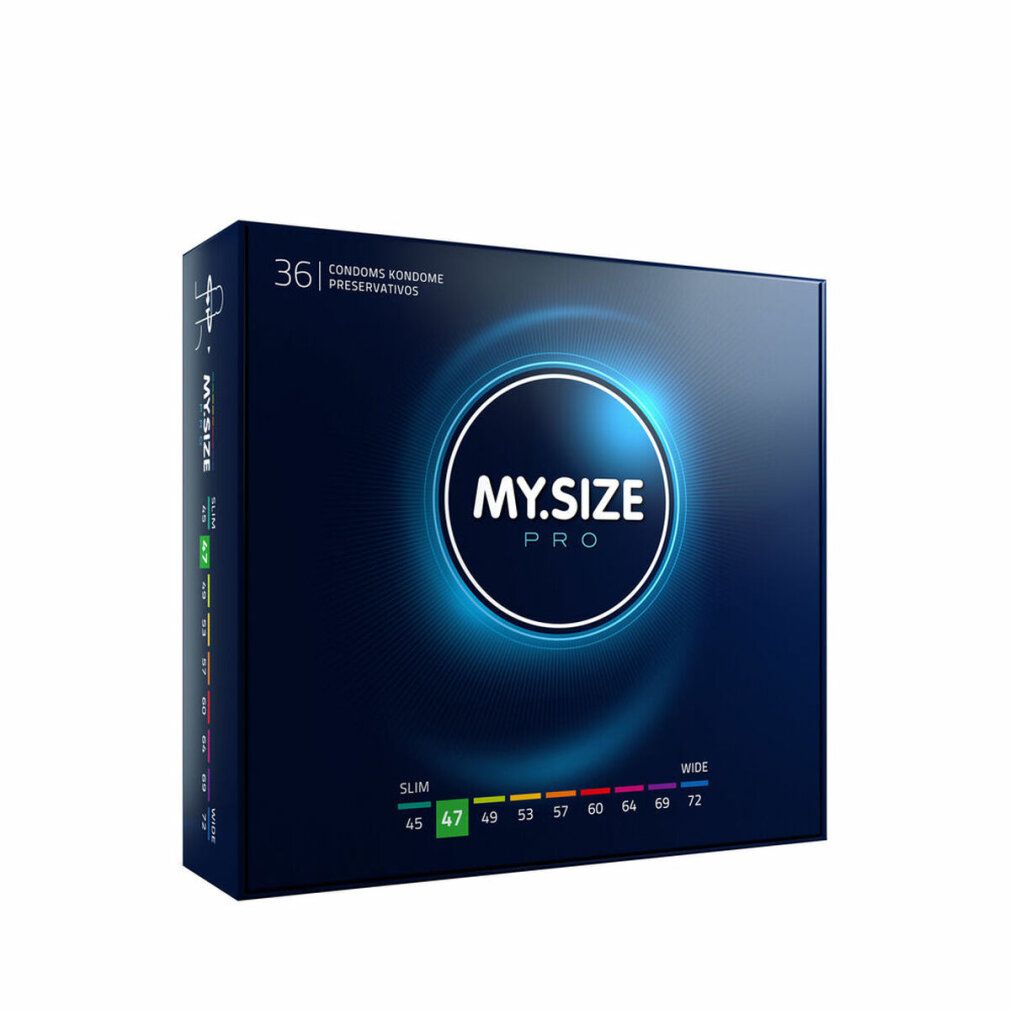 Scatola blu scuro con logo MY.SIZE PRO. Contiene 36 preservativi. Taglie da 45 a 72 mm. Testo: Condoms, Kongome, Preservativos.