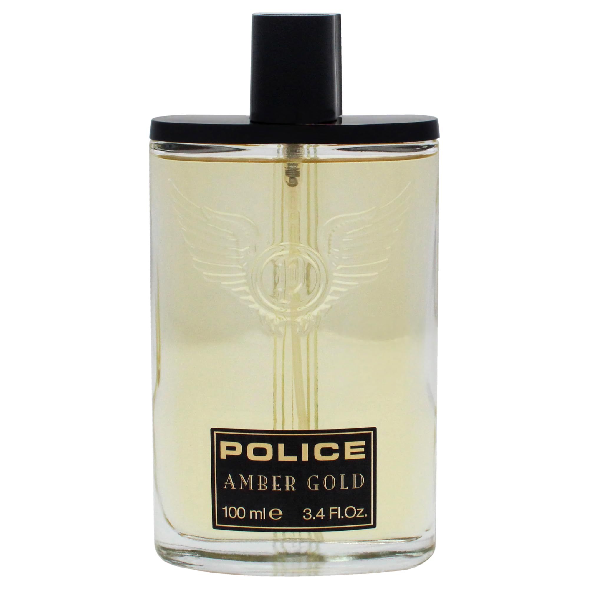 Flacone di eau de toilette da uomo. Flacone trasparente con liquido dorato. Tappo nero. Logo e scritta.
