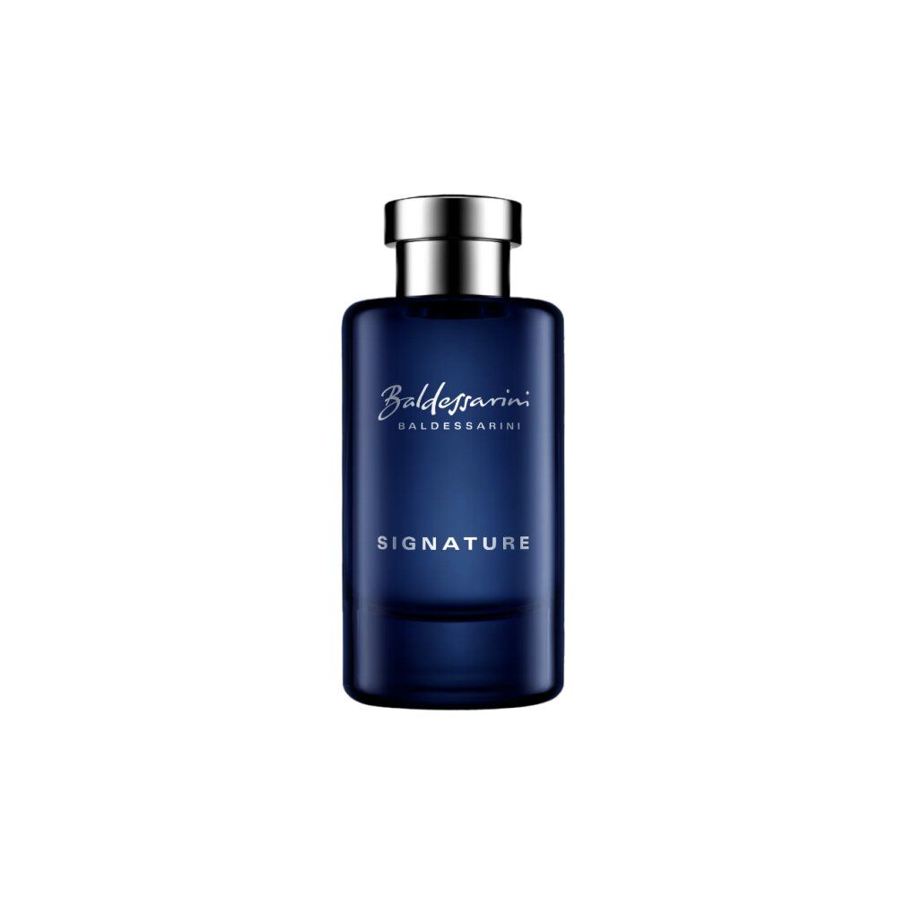Flacone blu scuro con tappo argentato. Scritta: Baldessarini Signature. Eau de Toilette.