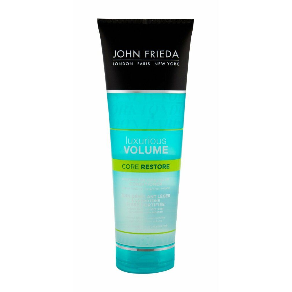 Tubo di balsamo John Frieda. Etichetta turchese con testo: Luxurious Volume, Core Restore.
