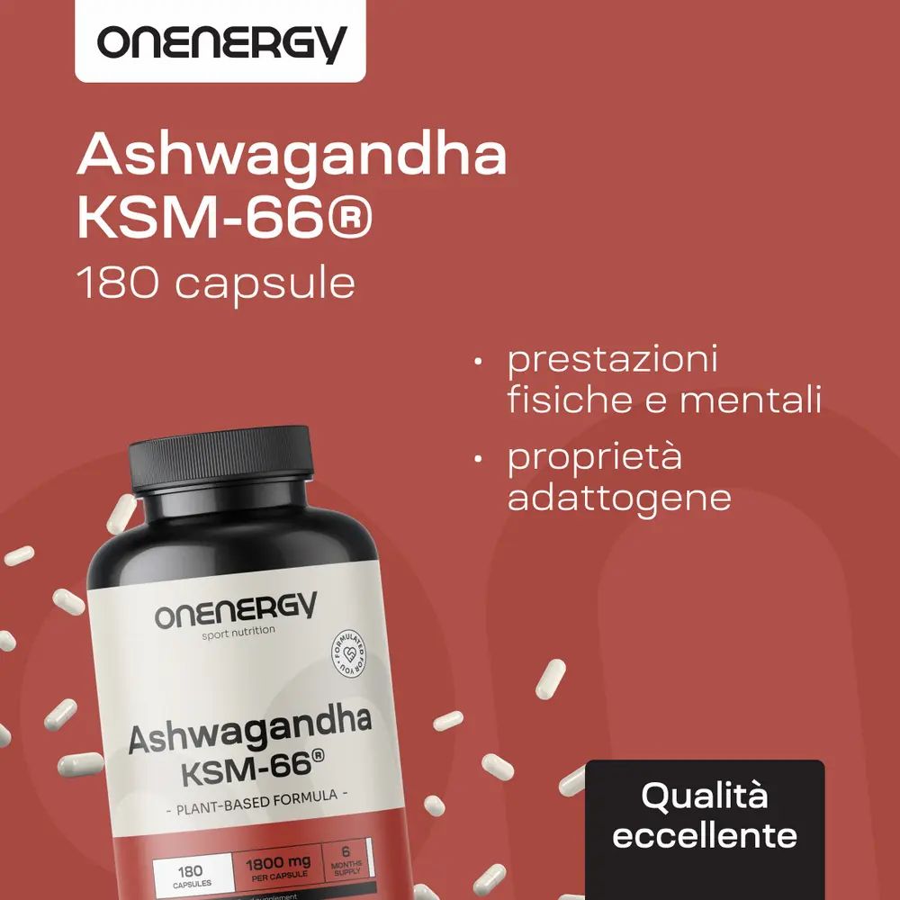 Flacone Ashwagandha KSM-66. 180 capsule. Testo: prestazioni fisiche e mentali, proprietà adattogene.