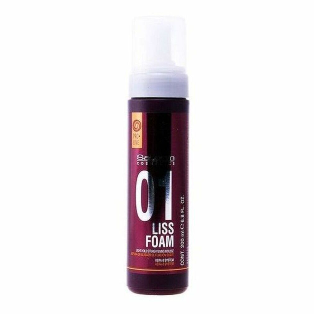 Flacone con erogatore bianco. Scritta: 01 LISS FOAM. Flacone rosso scuro con testo bianco. Marchio Salerm Cosmetics.