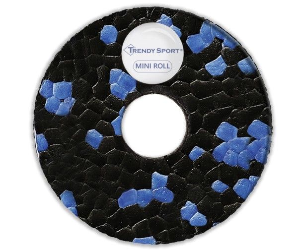 Vista finale di un rullo per fascia. Schiuma nera con punti blu. Foro centrale. Adesivo con logo e 'Mini Roll'.