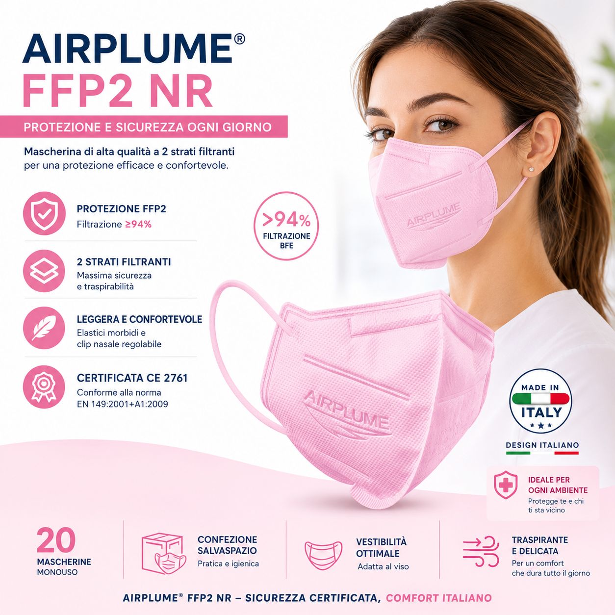 BRAND ITALIA - AIRPLUME FFP2 NR Mascherine colore Rosa