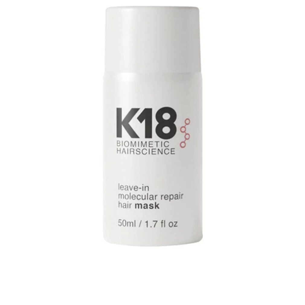 Flacone bianco con logo K18 e testo. Contiene "leave-in molecular repair hair mask".