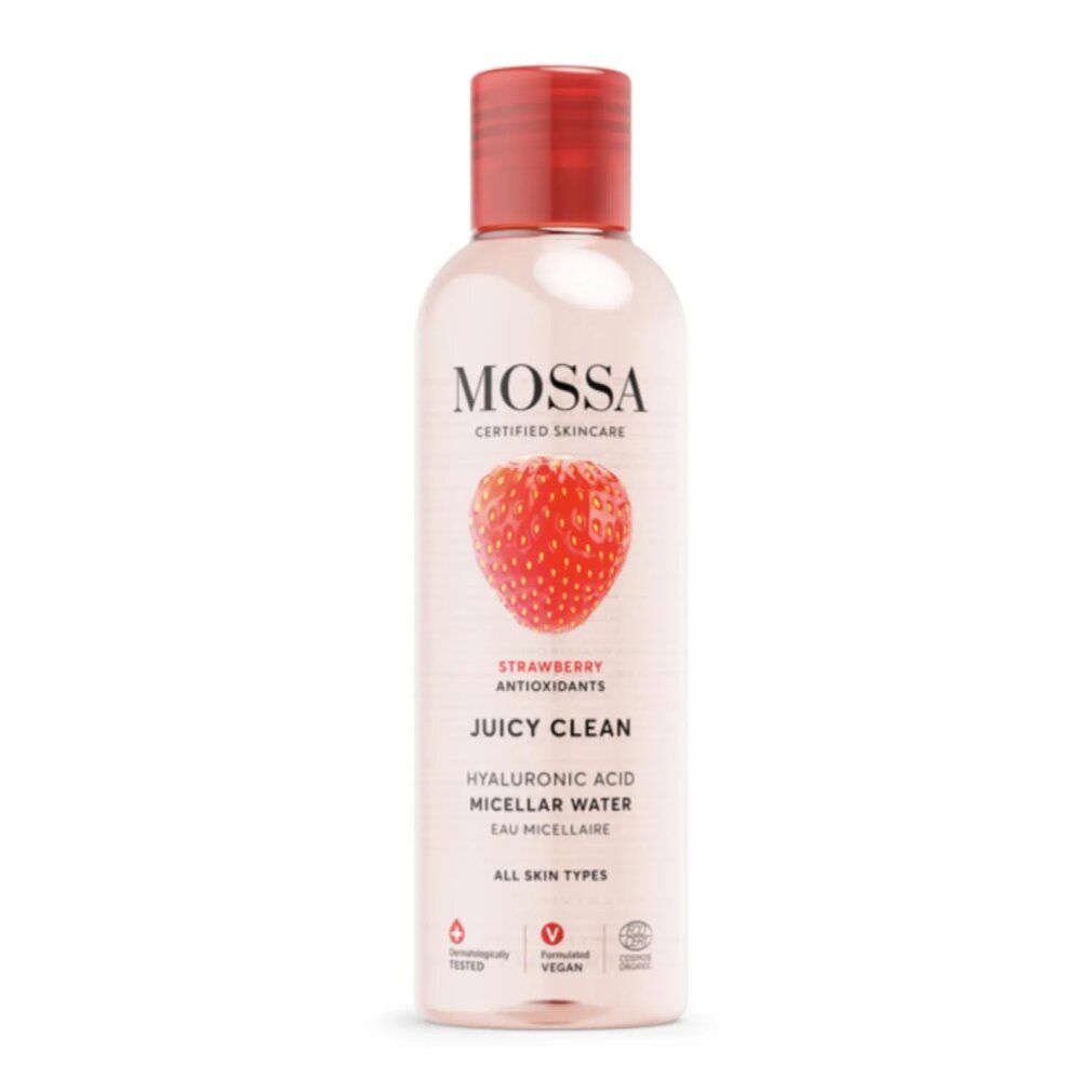 Flacone trasparente con tappo rosso. Scritta: MOSSA, fragola, Juicy Clean, acqua micellare. Sigillo vegano.