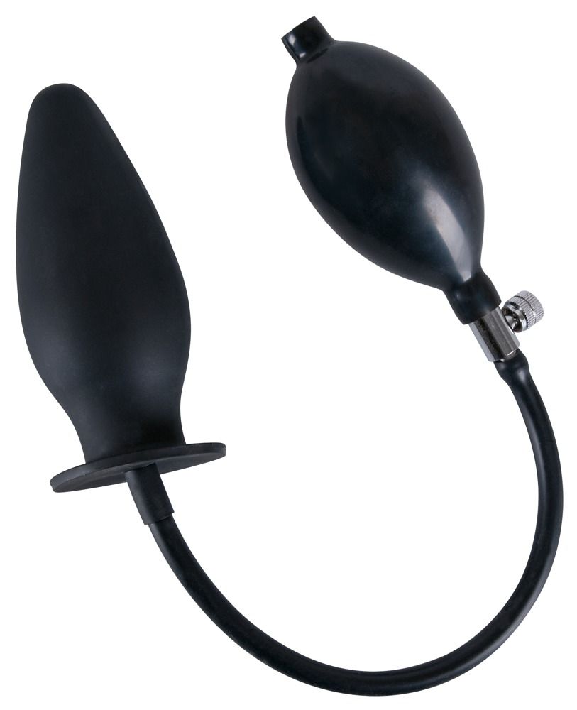 Plug anale gonfiabile nero in silicone con pompa manuale integrata, isolato.
