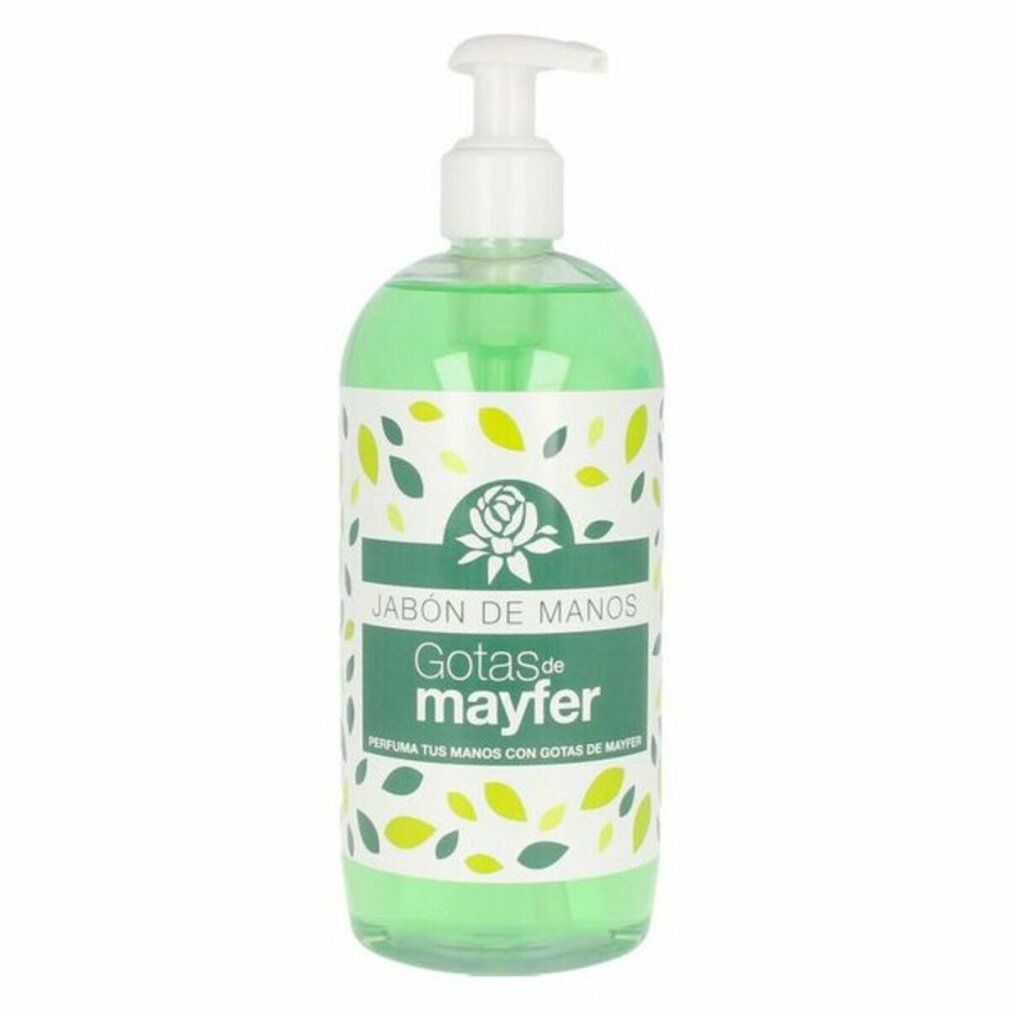 Flacone di sapone liquido verde con dispenser bianco. Scritta: Gotas de mayfer, Jabón de Manos.