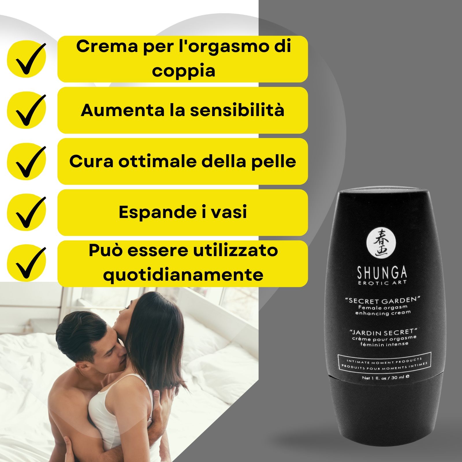 Flacone e testo del prodotto. Testo in italiano. Nome prodotto: Shunga. Coppia sullo sfondo. Simboli di spunta.