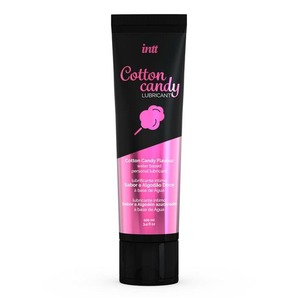 Tubo nero con dettagli rosa. Scritta: INTT, Cotton Candy Lubricant. Contiene 100 ml.