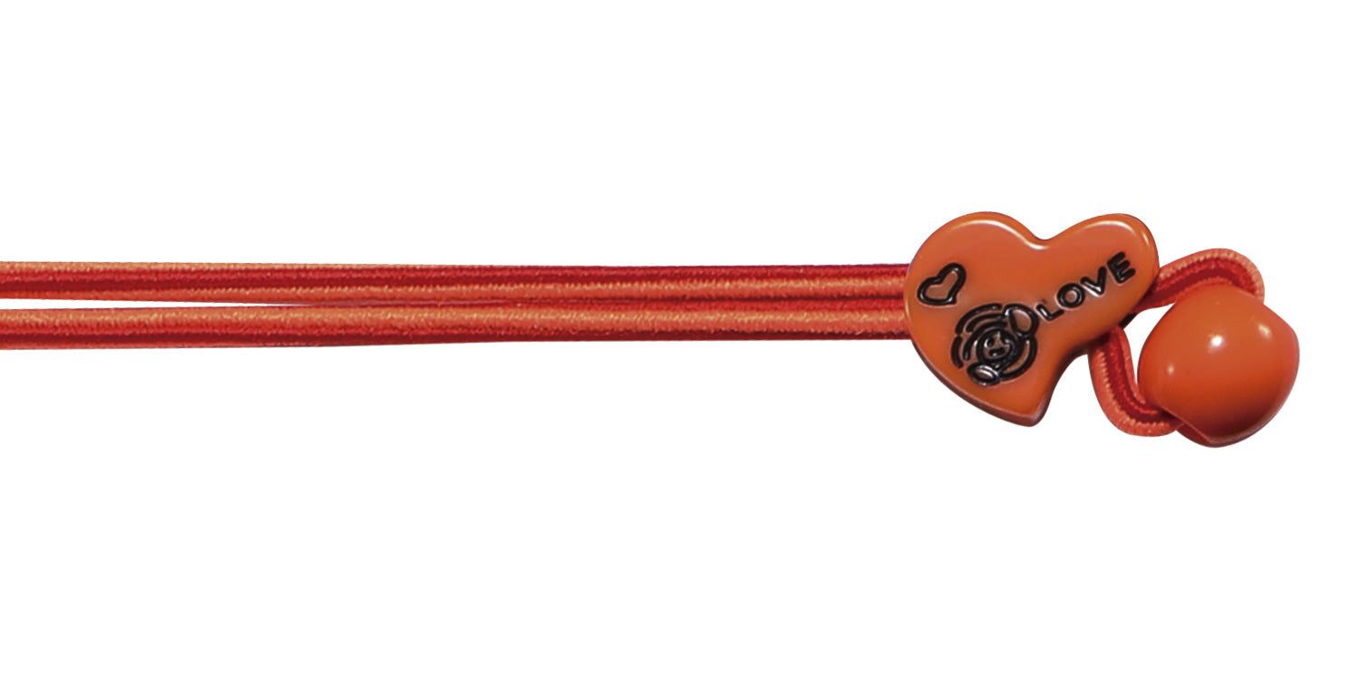 Cinturino per occhiali arancione con dettaglio a cuore. Cuore con rosa e scritta. Chiusura rotonda.