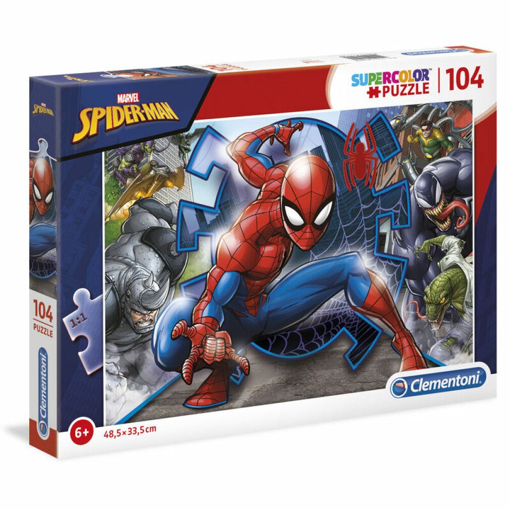 Puzzle Marvel Spiderman, 104 pezzi. Confezione con immagine di Spiderman. Logo Clementoni. Dimensioni: 48,5x33,5cm.