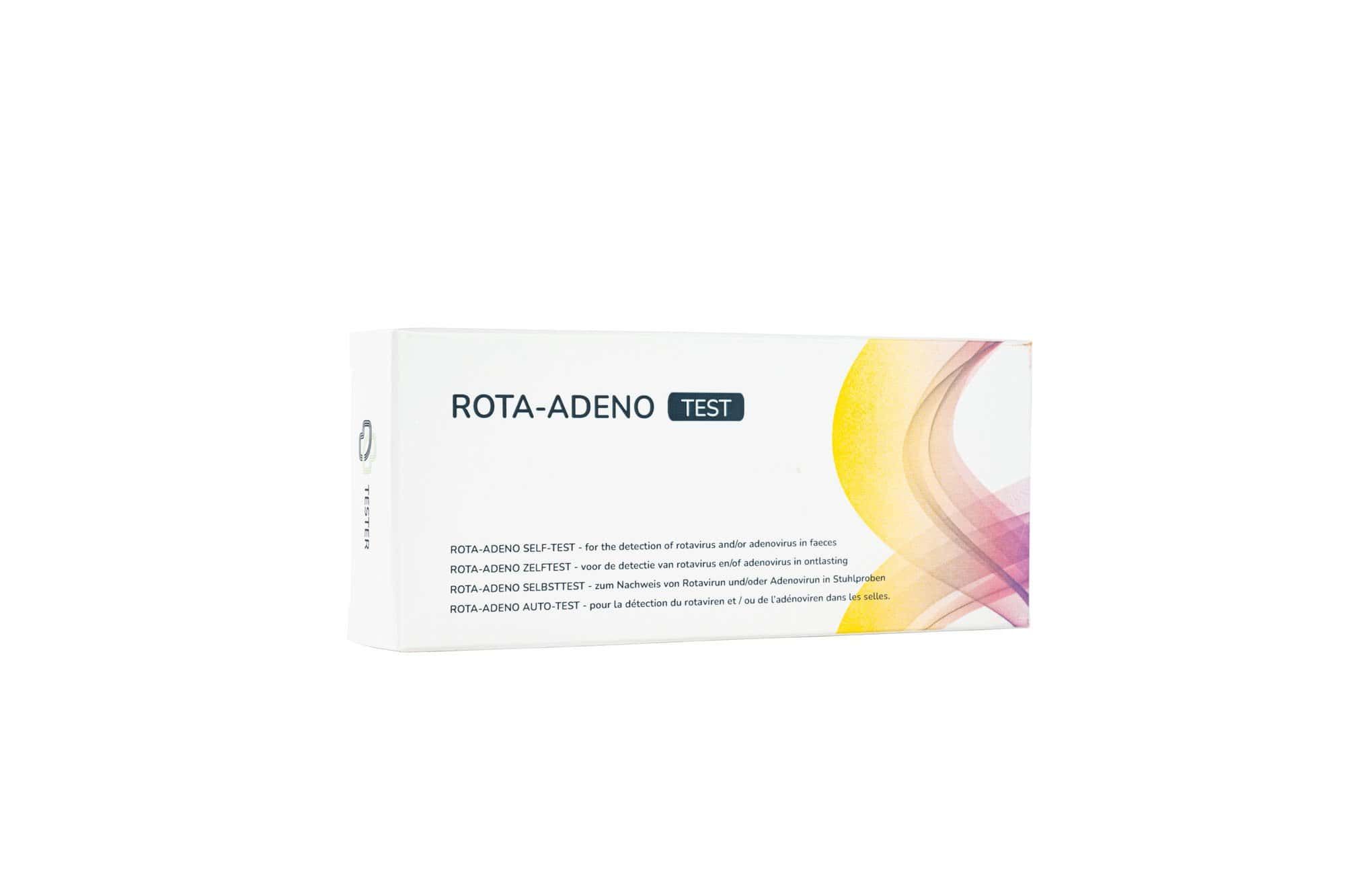 Confezione del test autodiagnostico Rotavirus & Adenovirus con informazioni sul prodotto.