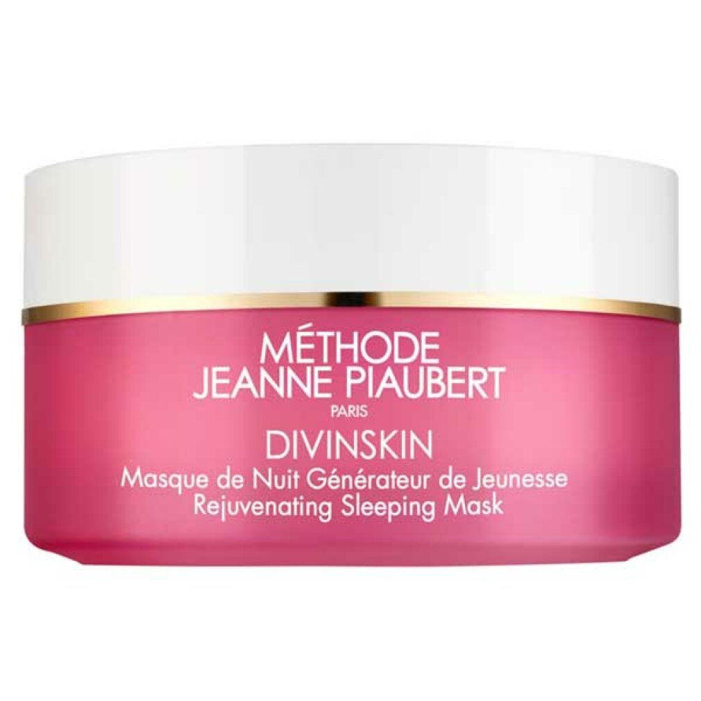 Vaso rosa con coperchio bianco. Bordo dorato. Scritta: Méthode Jeanne Piaubert, Divinskin, Masque de Nuit Générateur de Jeunesse, Rejuvenating Sleeping Mask.
