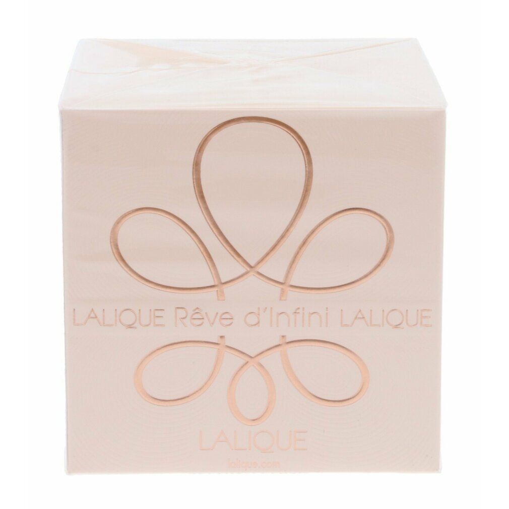 Confezione quadrata. Sfondo rosa con logo e testo dorati: Lalique Rêve d'Infini.