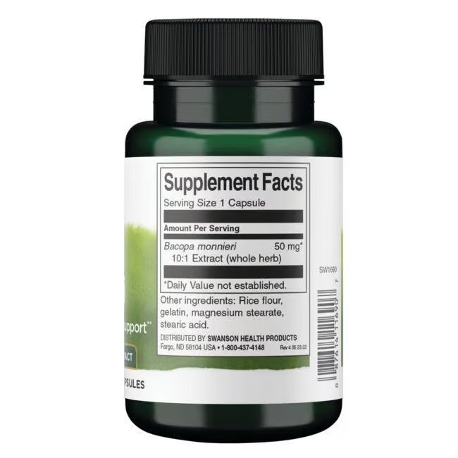 Retro del flacone verde. Scritta: Supplement Facts, Bacopa monnieri, 50 mg, estratto 10:1, 90 capsule.