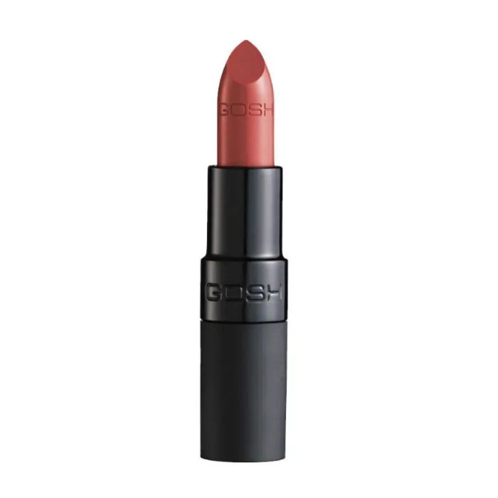 Rossetto Gosh Velvet Touch 025 Matt Spice. Rossetto in stick nero. Marchio Gosh visibile.