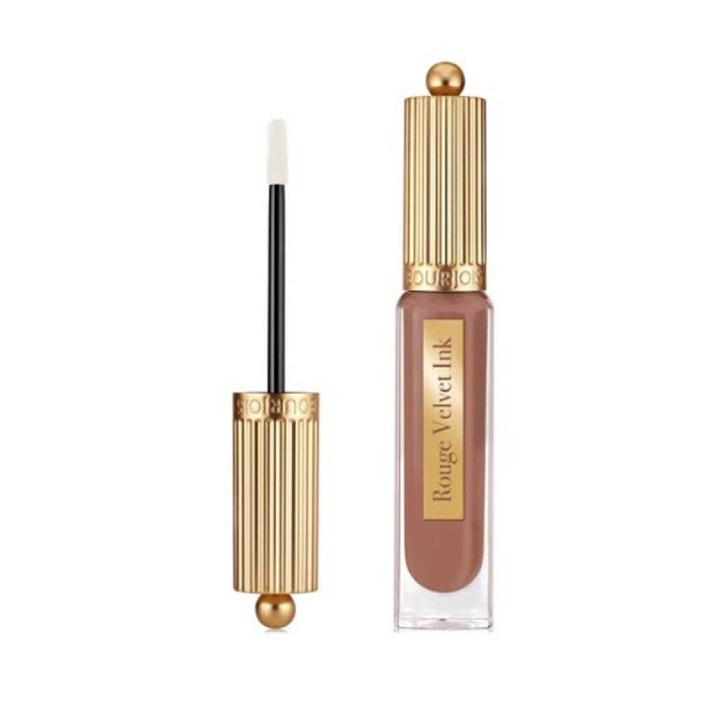 Rossetto Bourjois Rouge Velvet Ink, tonalità 05 Pralinette, con applicatore accanto.