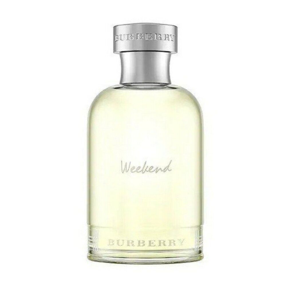 Flacone Burberry Weekend. Flacone trasparente con tappo argentato. Scritta 'Weekend' e 'Burberry'.