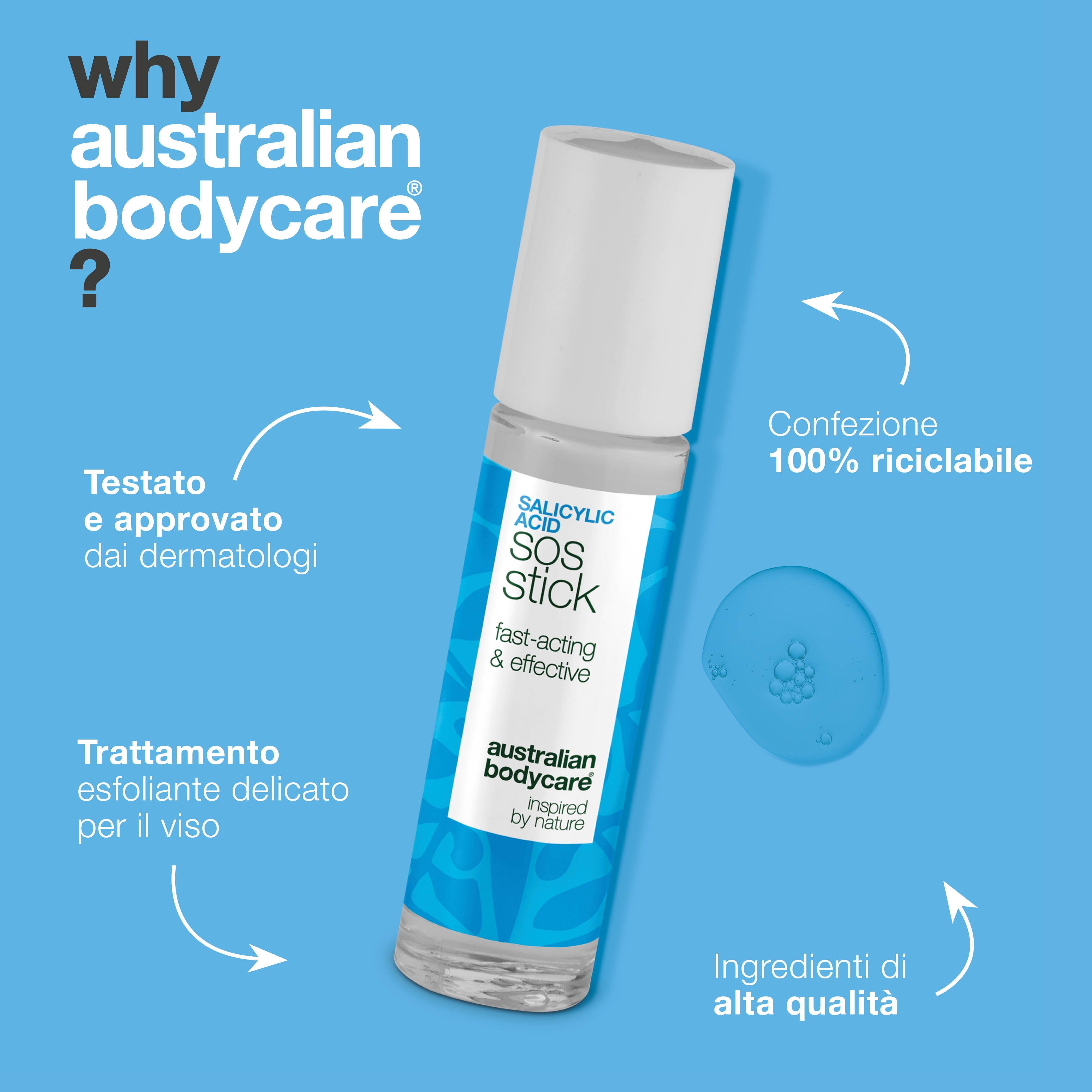 Stick con testo: Salicylic Acid SOS Stick. Azione rapida. Confezione blu e bianca.