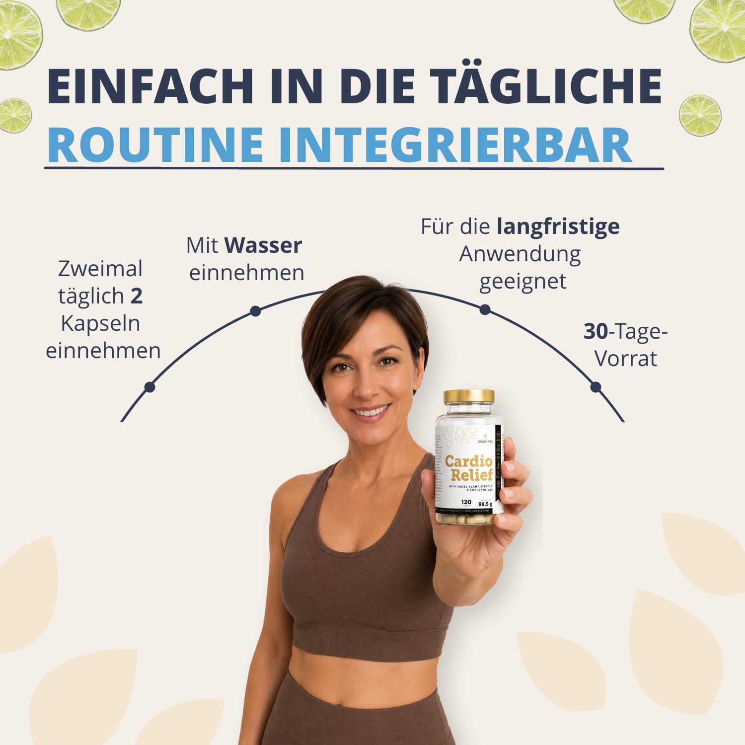 Donna che tiene una bottiglia di Golden Tree Cardio Relief, integrata nella routine quotidiana.