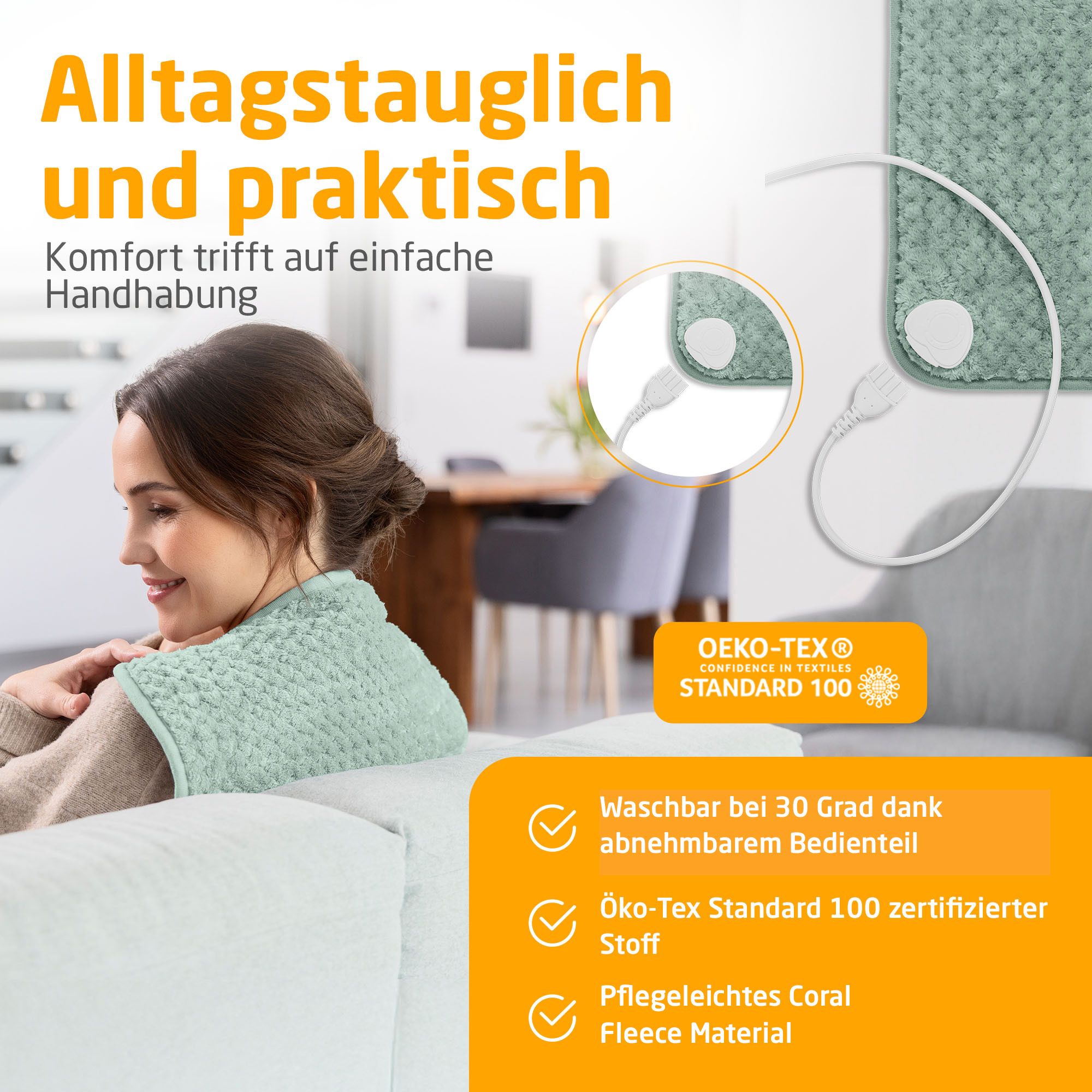 Cuscino riscaldante verde con cavo. Lavabile a 30°. Certificato Oeko-Tex Standard 100. Materiale pile corallo facile da pulire.