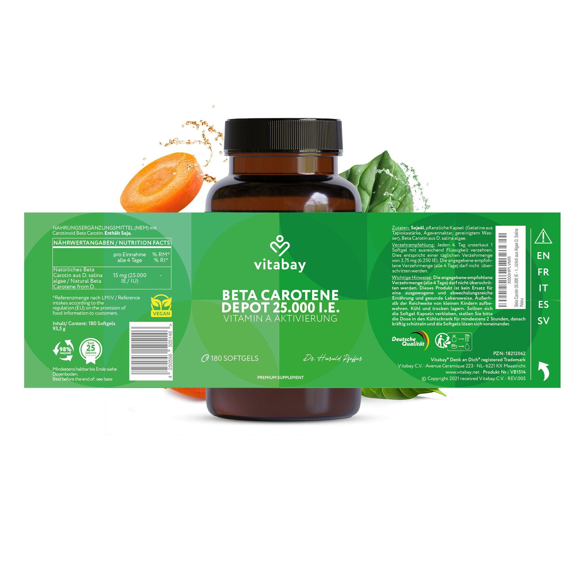 Retro di una bottiglia Vitabay Beta Carotene Depot con informazioni nutrizionali e sigilli.