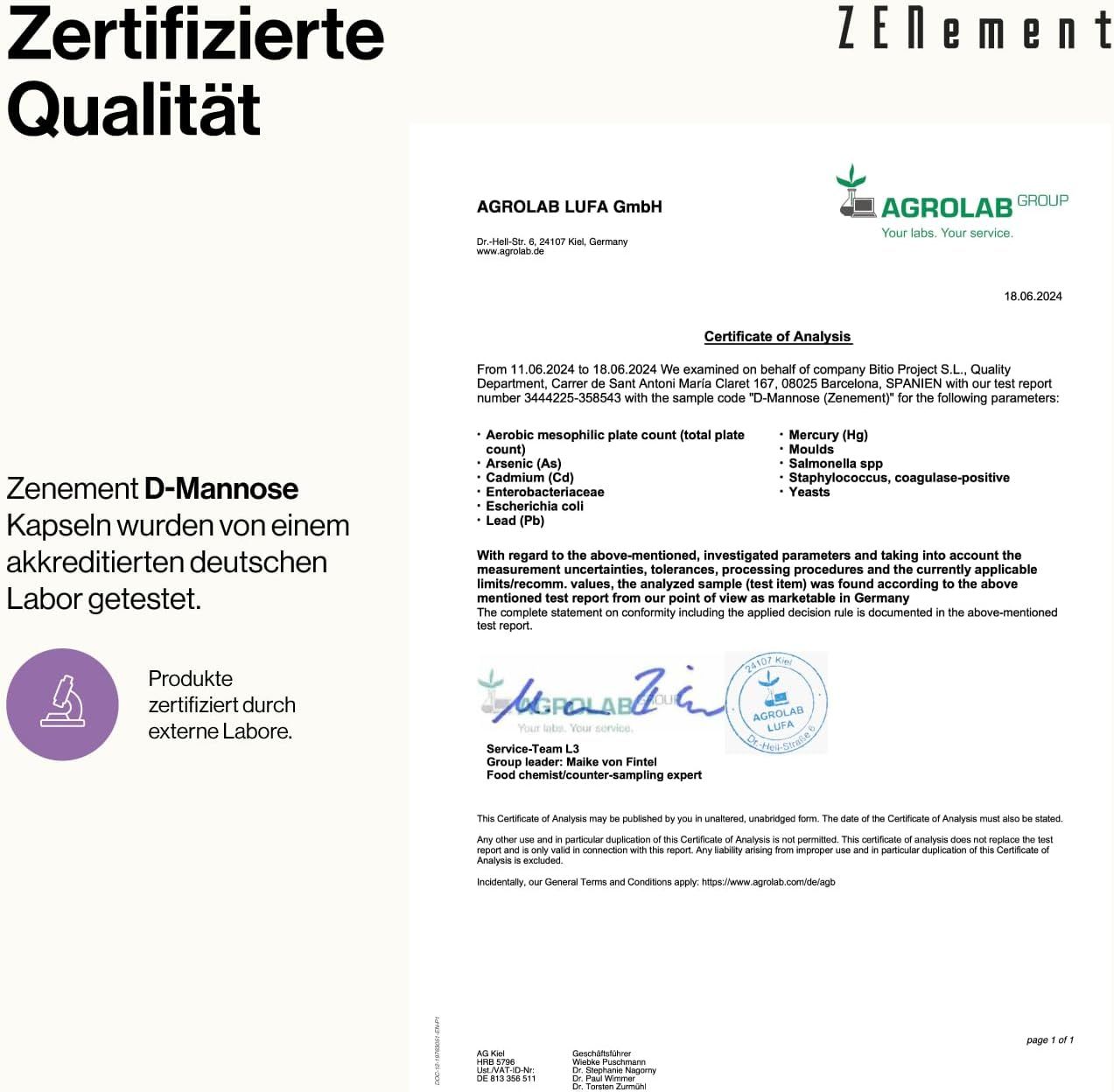 Certificato di Agrolab LUFA GmbH. Testo: Le capsule di Zenement D-Mannose sono state testate da un laboratorio tedesco accreditato.