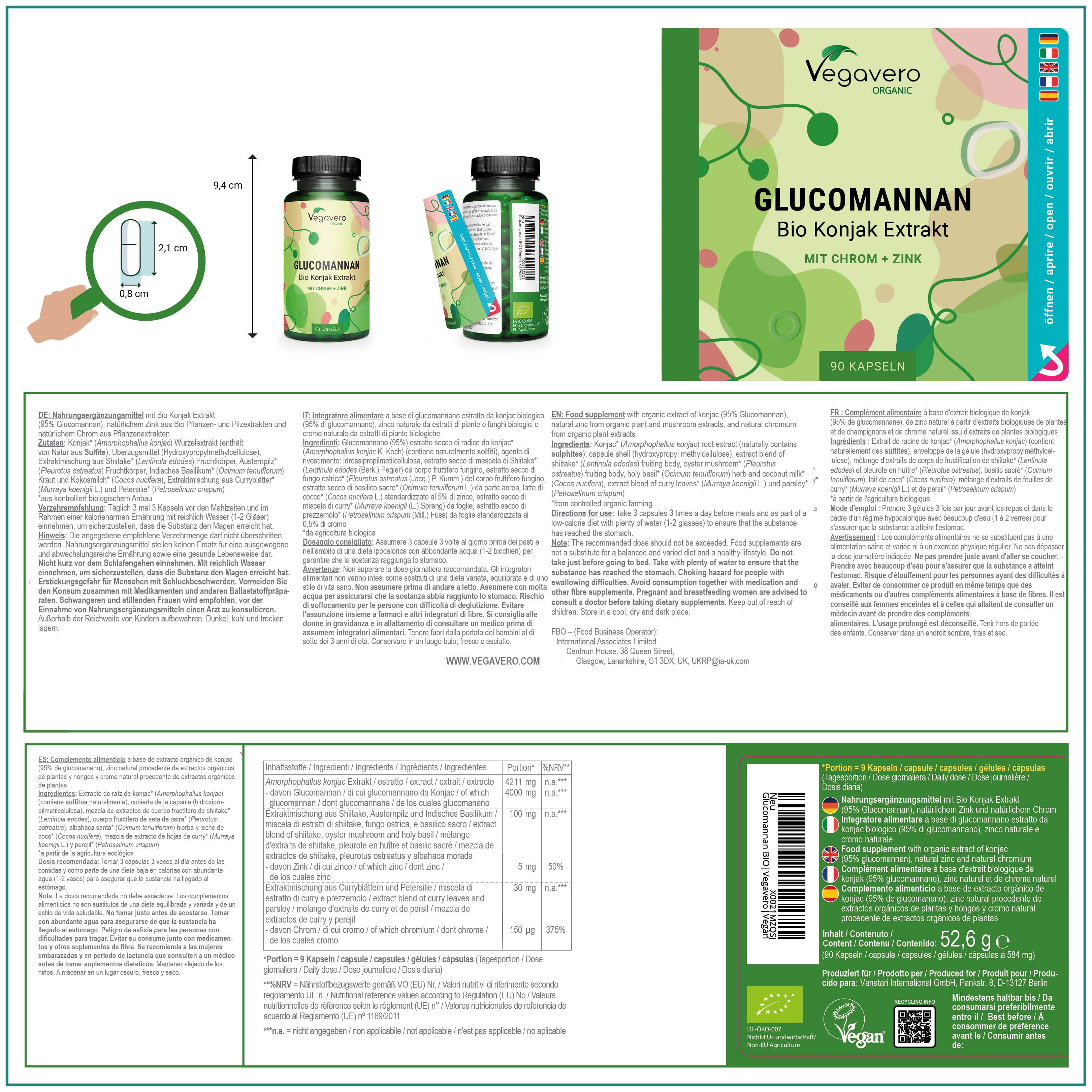 Confezione del prodotto con informazioni. Flacone di capsule, etichetta con ingredienti. Testo in tedesco, francese, italiano, olandese.